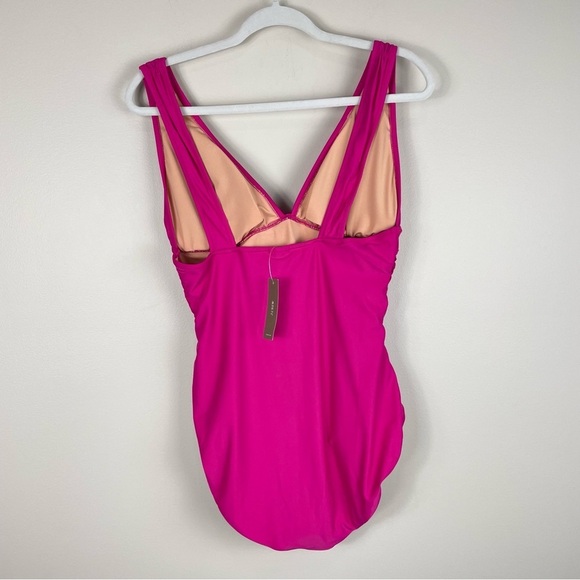 J Crew Ruched Plunge One Piece Swimsuit Pink Womens 14 Stretch V-Neck - Picture 3 of 13